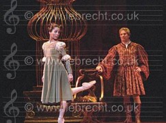 Tamara Rojo as Juliet and David Drew as Lord Capulet in Romeo and Juliet. Royal Ballet production at the Royal Opera House, London, UK, 2 February 2001. Choreography by Kenneth MacMillan, Music by Sergei Prokofiev, Designs by Nicholas Georgiadis, Lighting by John B Read.